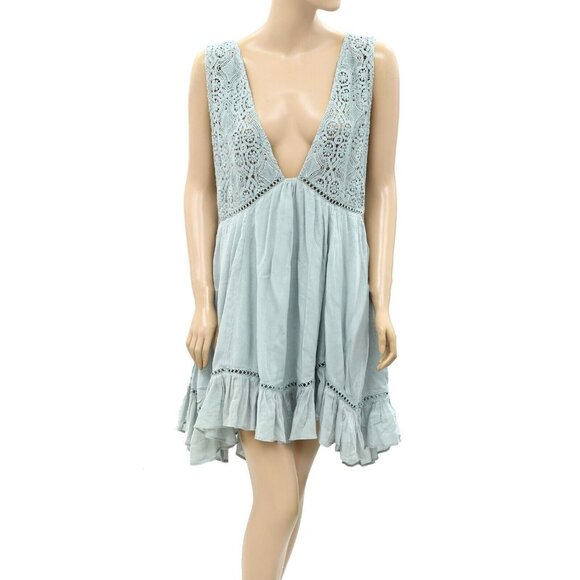 Free People Free-est Freya Mini Dress Floral Crochet Lace Ruffle Blue S 260838 - Picture 2 of 6
